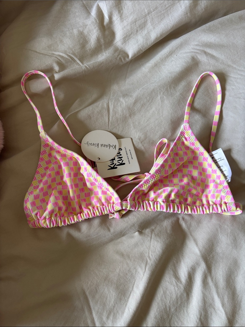 Kulani Kinis Pink and Yellow Checker Triangle Bikini Top